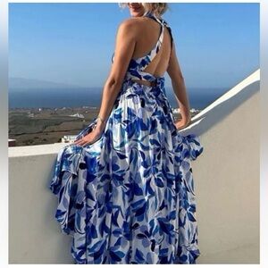 Abel the Label Anthropologie Blue White Floral Halter Maxi Dress M